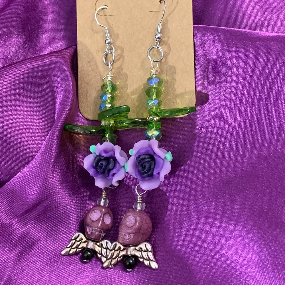 Skull Wings Roses Handmade Earrings Purple Day of the Dead Spooky Cute